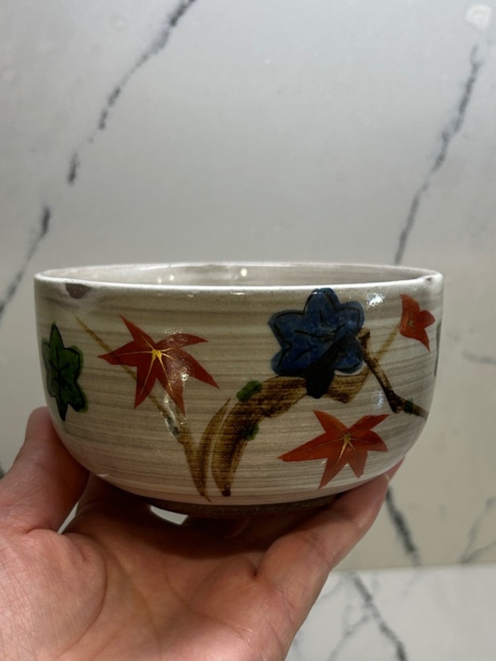 Hand-Painted Floral Ceramic Bowl - Blue, Red, Green